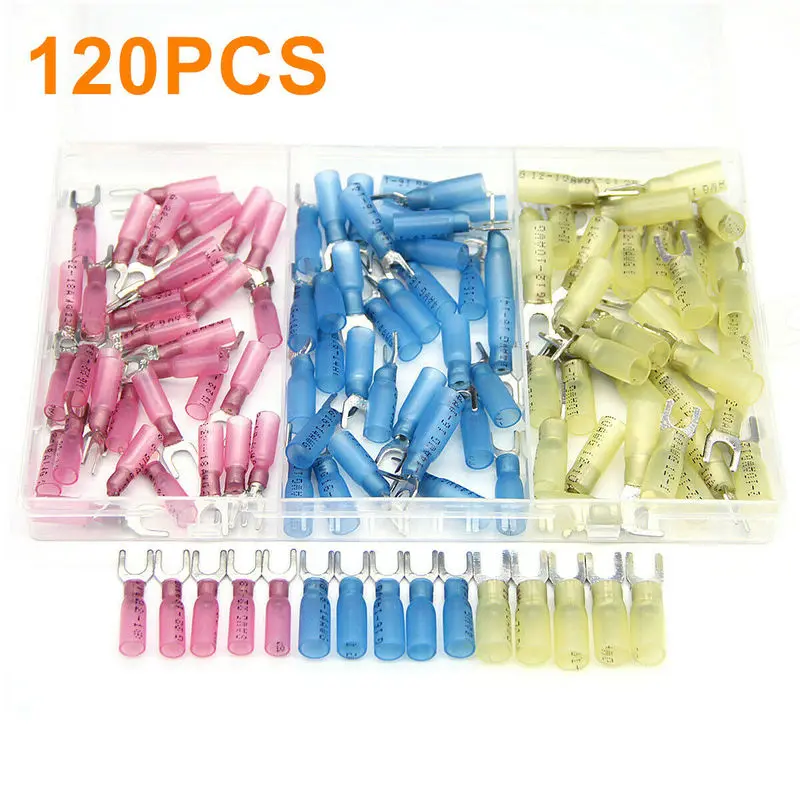 

120PCS Fork Spade Seal Heat Shrink Electrical Wire Insulated Crimp Connectors Butt Terminals AWG10-22 Kit Assortment