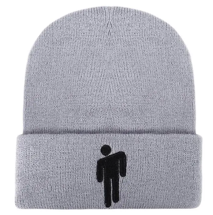 Серый Billie Eilish Beanie for Women Men Unisex Knitted Billie Eilish Hat Embroidery Cartoon Autumn Winter Hip Hop Skullies Cap - Цвет: Серый