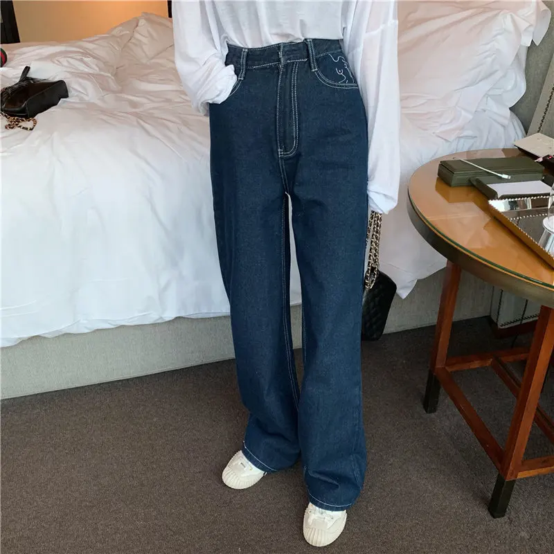 HziriP Hot Straight High Street Plus Size Embroidery 2019 Waist Loose Jeans Full-Length Denim Casual Wide Leg Trousers | Женская одежда