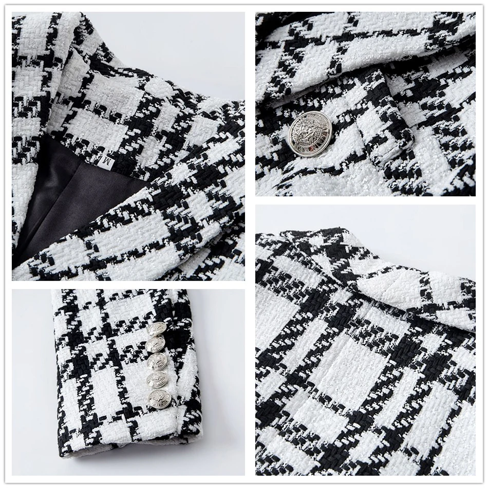

High Quality Autumn And Winter Fashion Women'S Slim Fit Blazer Sexy Lapel Long Sleeve Double Breasted Plaid Tweed Party Blazer