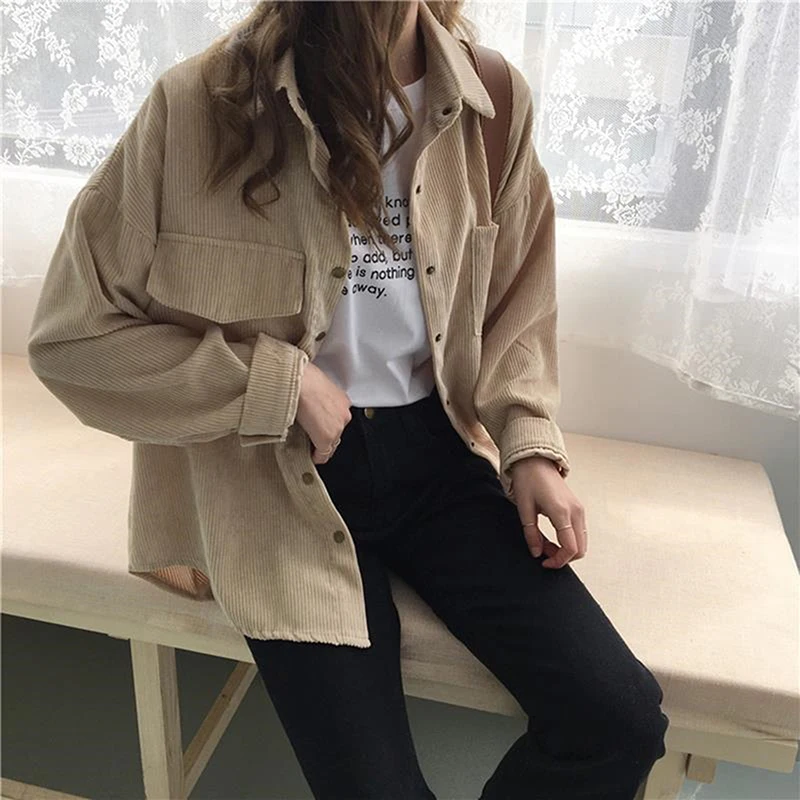 

Spring New Women Solid Corduroy Shirts Jackets Full Sleeve Turn-Down Collar Oversize Coats Casual Autumn Basic Outwear