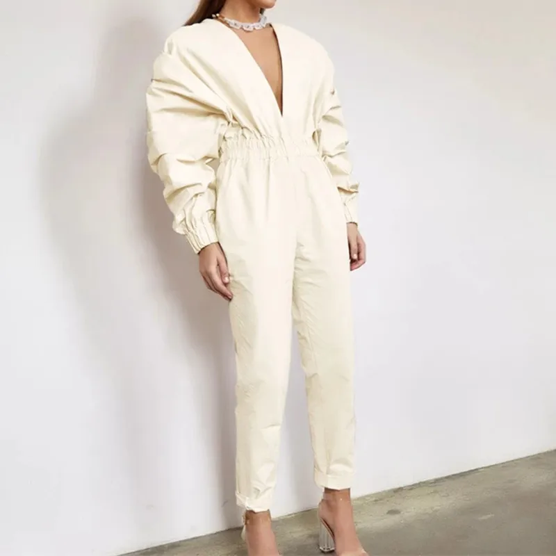 

Women's V Neck High Waist Jumpsuits Straight Elastic Waist Women Rompers Lantern Sleeve Jumpsuits Sexy High Street Bodysuit