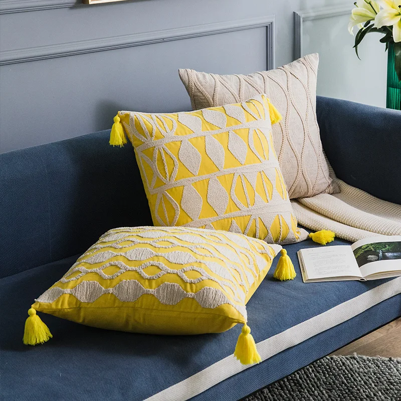 

50x50cm linen embroired geometric yellow cushion cover tassel pillow cover waist pillow case funda de almohada