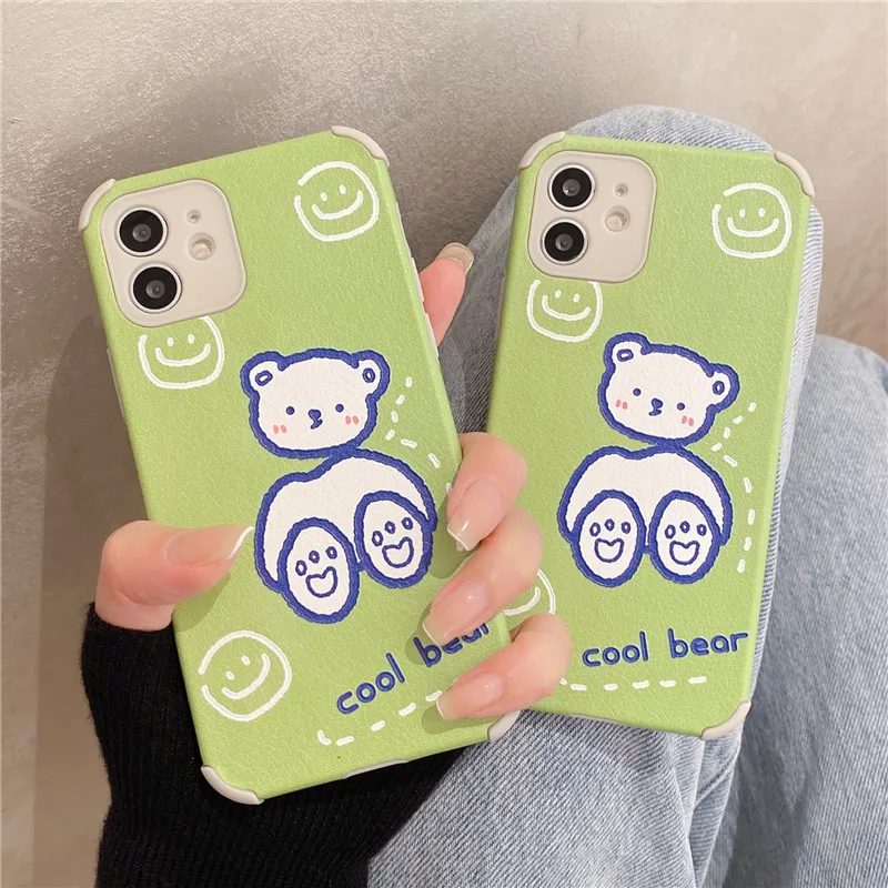 

Shockproof Cute Cartoons bear leather silicone phone case for iphone 11 12 Pro Max MiNi XR X XS 7 8 plus SE 2020 soft back Cover