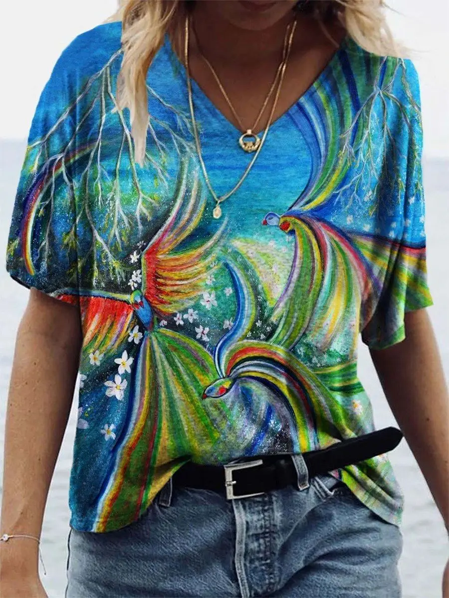 

Women Vintage V-Neck T-shirts Fashion Flower Print Tees 2021 New Summer Harajuku Top Causal Loose Short Sleeve Clothes