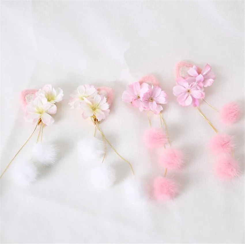 

Lolita Cat Ear Tassel Flower Pom Pom Trim Lolita Girl Hair Pin Girl Hair Accessories Kawaii Headbear For Teenage Birthday Gifts
