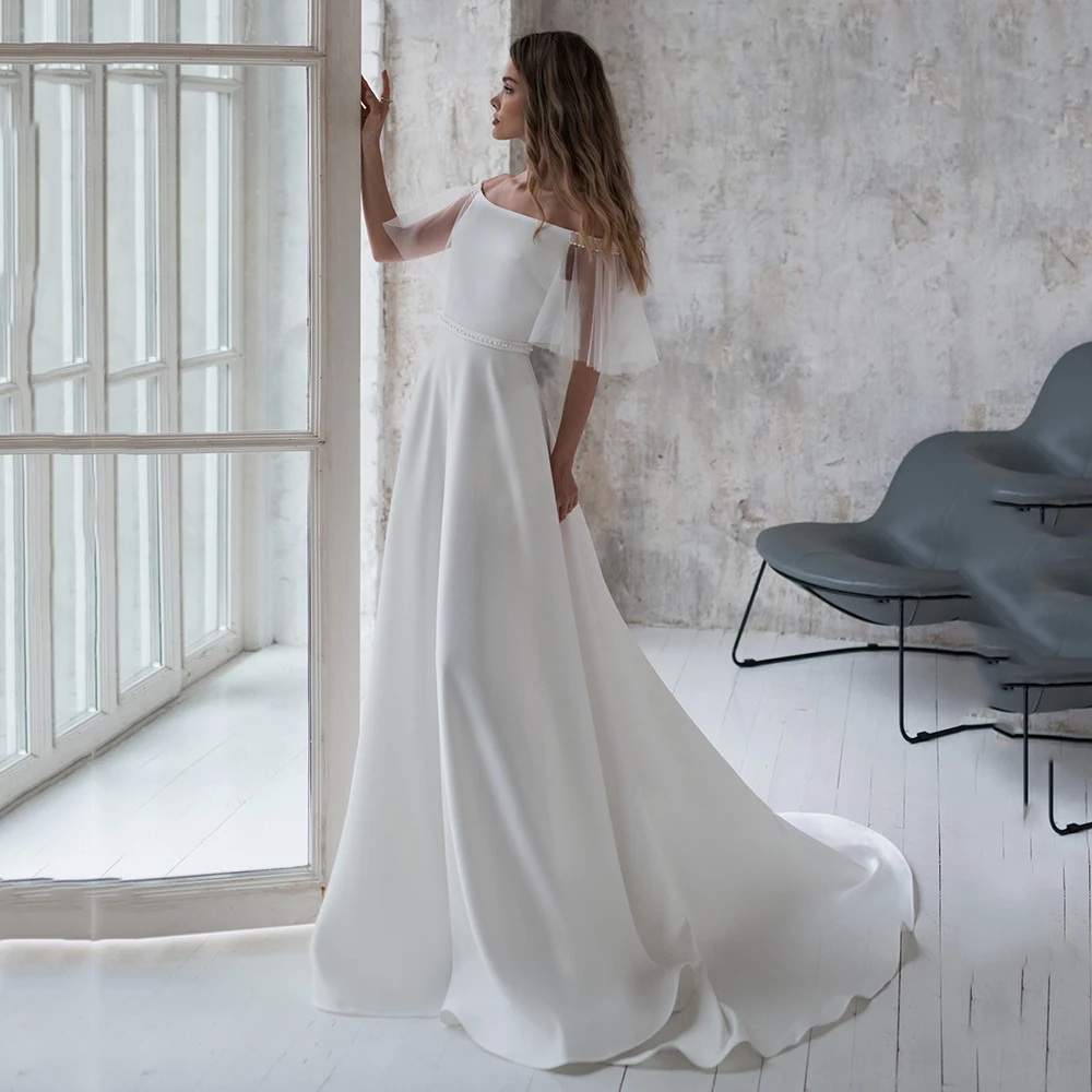 

UZN Ivory A Line Satin Wedding Dress Beading Belt Off Shoulder Short Sleeves Bridal Open Back Brides Dresses Gowns Vestido De