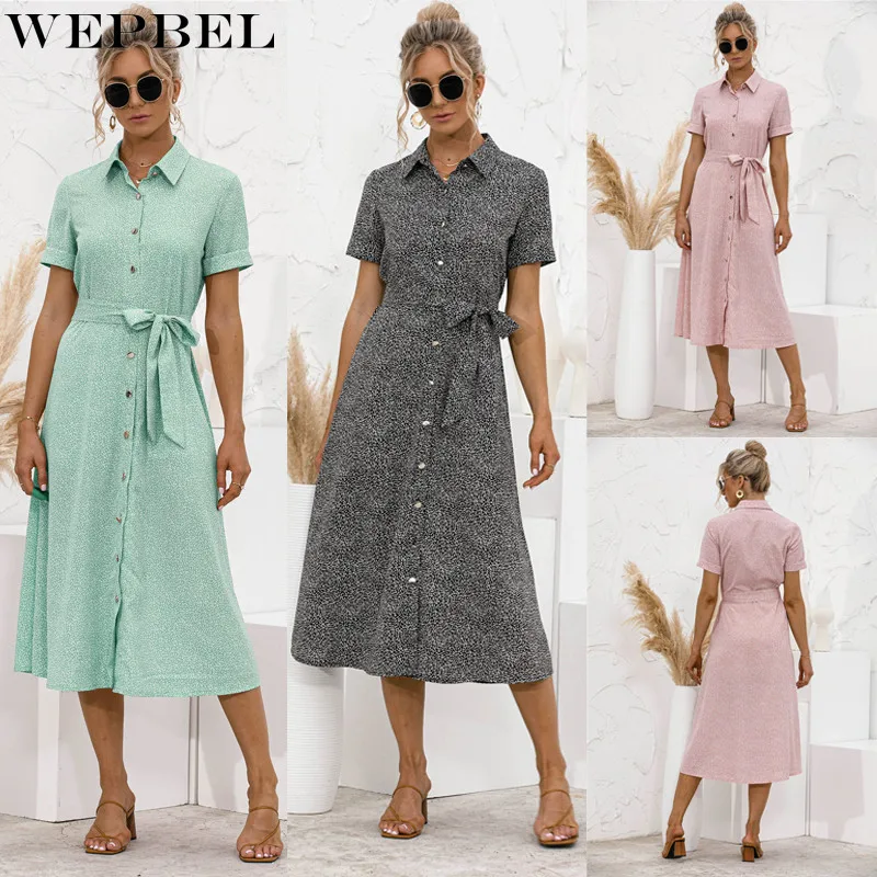 

Женское однобортное платье WEPBEL, летнее элегантное платье в горошек с коротким рукавом и отложным воротником, на шнуровке