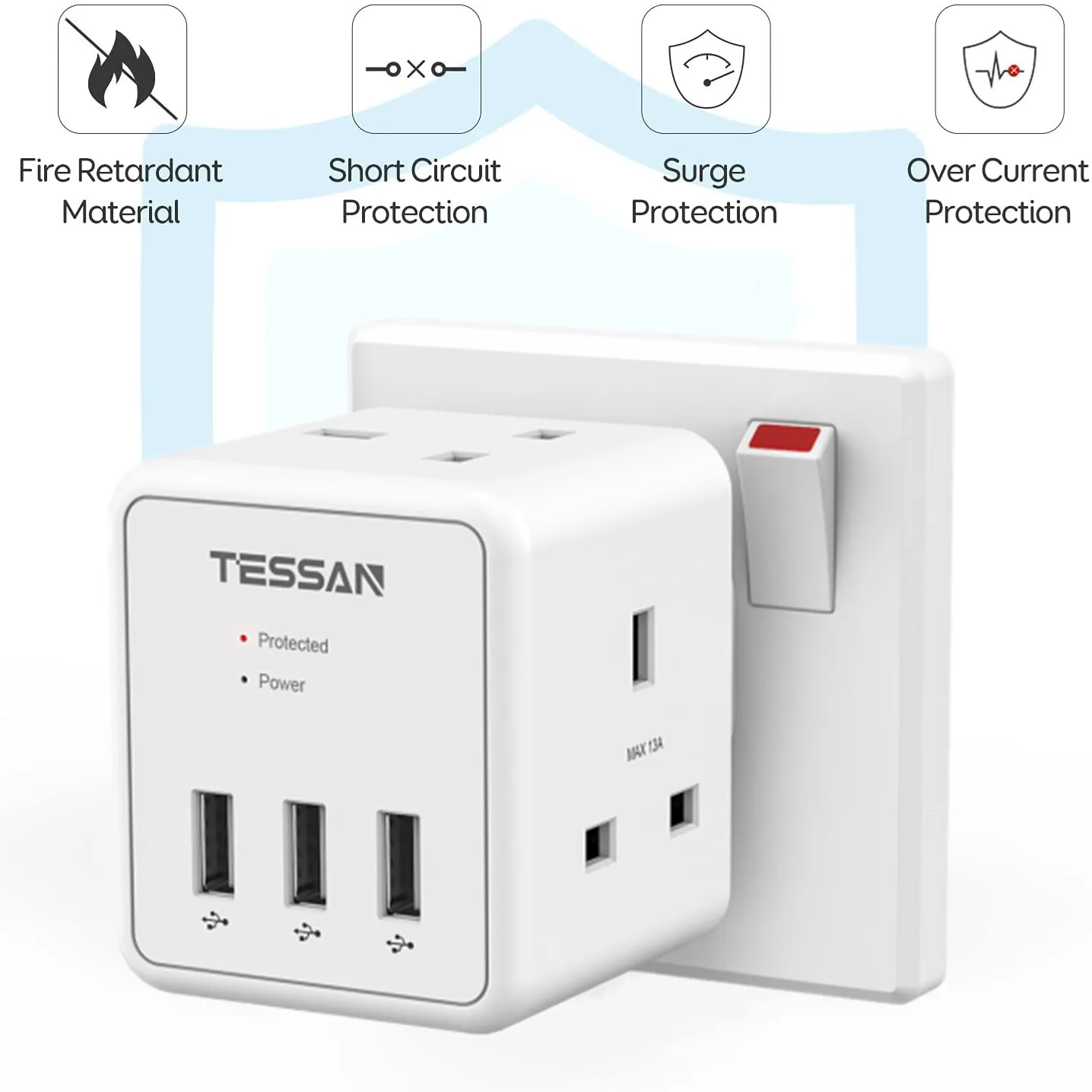 

TESSAN UK Plug USB Wall Socket Power Strip Cube With 2 UK Outlets 3 USB Ports Surge Protection Wall Charger Adapter for Home