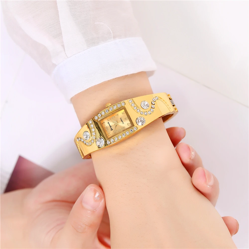 Женские кварцевые наручные часы с квадратным циферблатом полностью золотистые