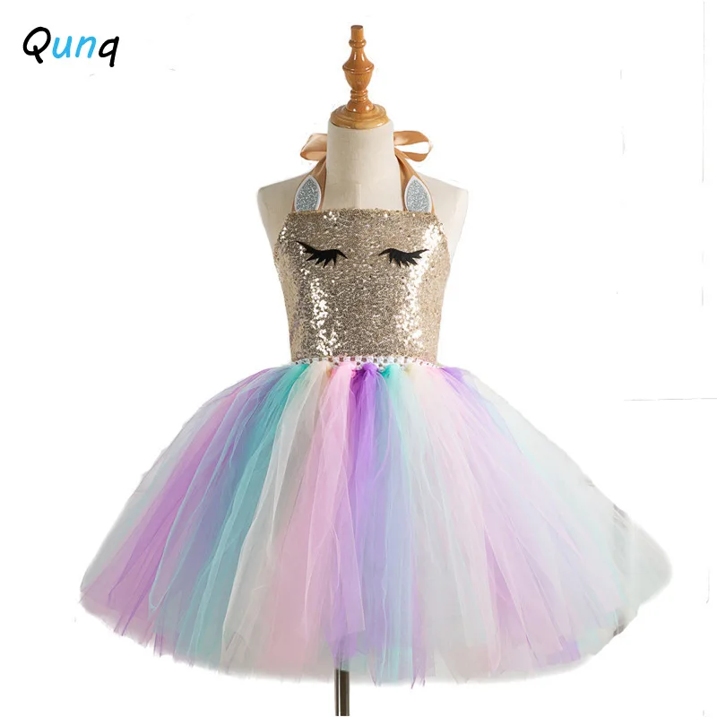

Qunq Girls Princess Dress Prom Performance Party Colorful Sequined Mesh Kids Dresses with Wing Hair Band 3pcs Children Costume