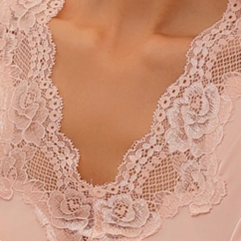 New Summer Nightdress Women Ice Silk Lace V-Neck Short Sleeve Nightgown Sleepdress Casual Nightwear Night Shirt Female Nighties