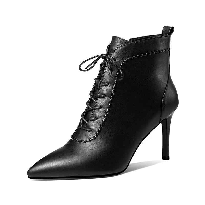 

Women's shoes autumn and winter 2020 new women's shoes pointed thin heel high heel leather shoes woven lace up fashion boots