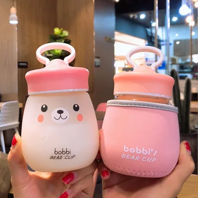 Frosted pink Kawaii стеклянная бутылка для воды, портативная чашка с милым медведем, чайное ситечко, герметичная Питьевая Бутылка для девочек, студентов, детей - Цвет: Frosted pink