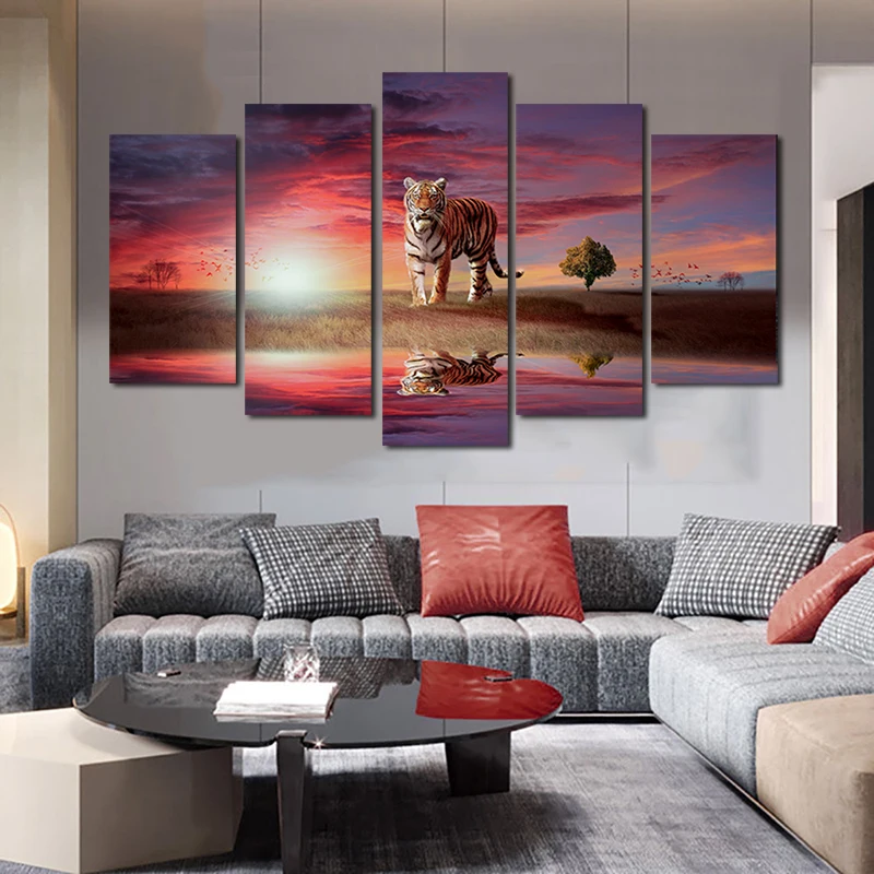 

SELFLESSLY ART Tiger Sunset Posters Canvas Prints Home Decor Animal Landscape Sky Clouds Wall Pictures for Living Room Painting
