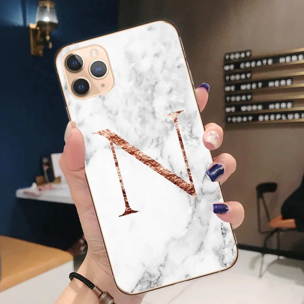 

Letter Monogram A B C white marble Soft TPU Phone Case For Coque iPhone 12 Mini Pro Max Back Cover Fundas Shell