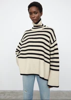 totem autumn winter new women wool cotton knitted sweater turtleneck stripes retro pullover casual loose oversized top female