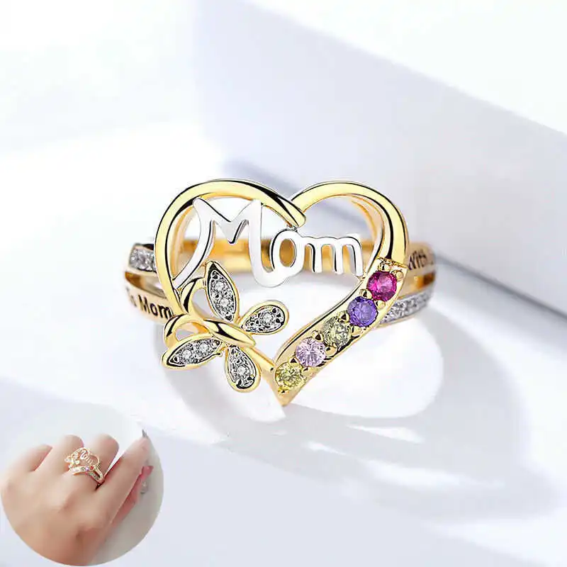 

Кольцо для мамы в форме бабочки с сердцем, многоцветное, желтое золото, ювелирные изделия для мамы, подарки, кольцо