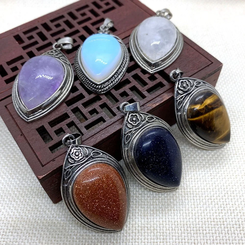 

1 Piece Natural Stone Drop-shaped Tiger Eye Stone Opal Amethyst Pendant Making Vintage Necklace Pendant Accessory Size 28x49 Mm