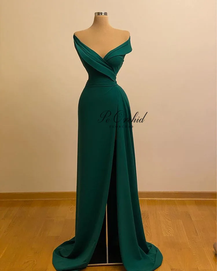 

PEORCHID Satin Emerald Green long Evening Prom Dresses With Slit Vestido Formal Occasional Dresses Sexy Party Gowns 2020