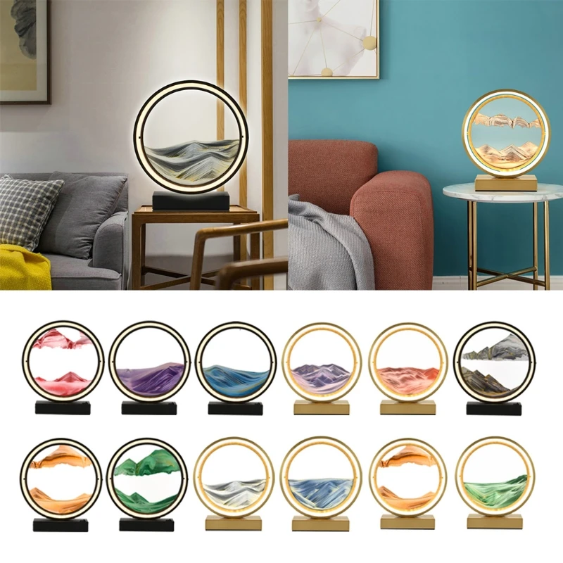 

LED Desk Lamp Round Glass Hourglass Rotatable with Kinds of Light Illumination Quicksand Painting Living Room Decoration