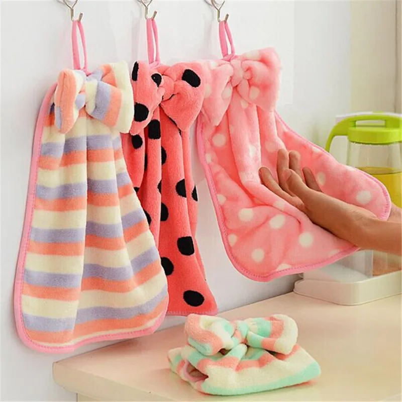 

30*24 cm Cute Bowknot Bathroom Hand Towels Coral Velvet Soft Dishcloths Absorbent Hanging Wipe Kitchen Cloth Accessories