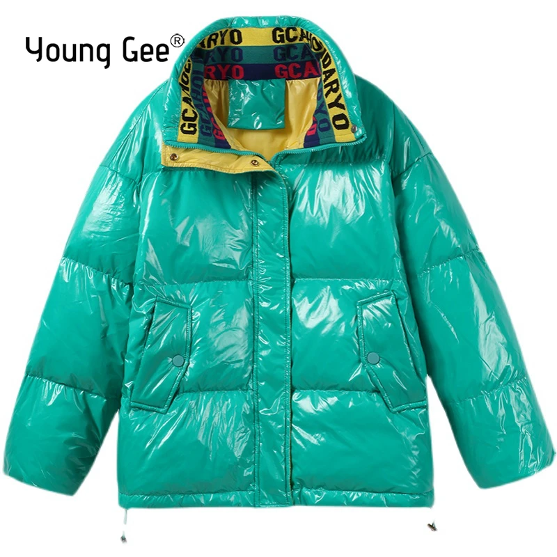 

Young Gee Winter Women Casual White Duck Down Glossy Jacket Female Thick Warm Loose Parkas Pocket Waterproof Snow Coat Outwear