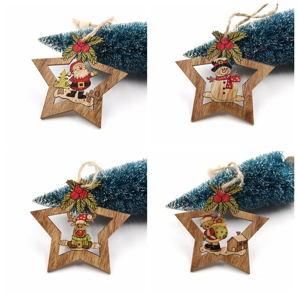 4PCS Star Printed Wooden Pendants Ornaments Xmas Tree Ornament DIY Wood Crafts Kids Gift for Home Christmas Party Decorations