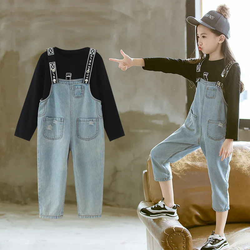 

Autumn New Kids Girls Clothes Sets Long Sleeve T-Shirt + Denim Rompers Pants Suits Children Baby Girl Clothing Teen Kids Clothes