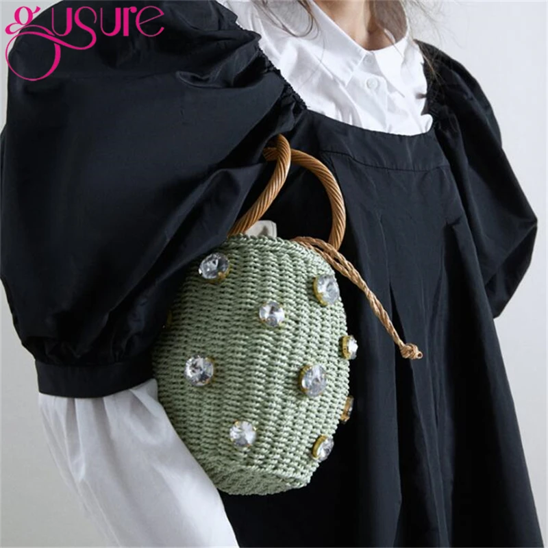 Gusure Green Diamonds Straw Handbags For Women Hand-woven Rattan Bag Female Tote 2021 New Summer Holiday Bohemia Beach |