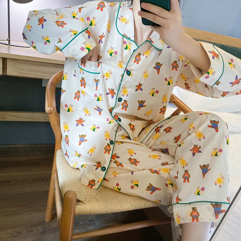 QWEEK Kawaii Pajamas Two Piece Set Spring Autumn Teen Girls Sleepwear Bear Pijamas Loungewear Bedroom Set Pyjamas Nightwear Cute