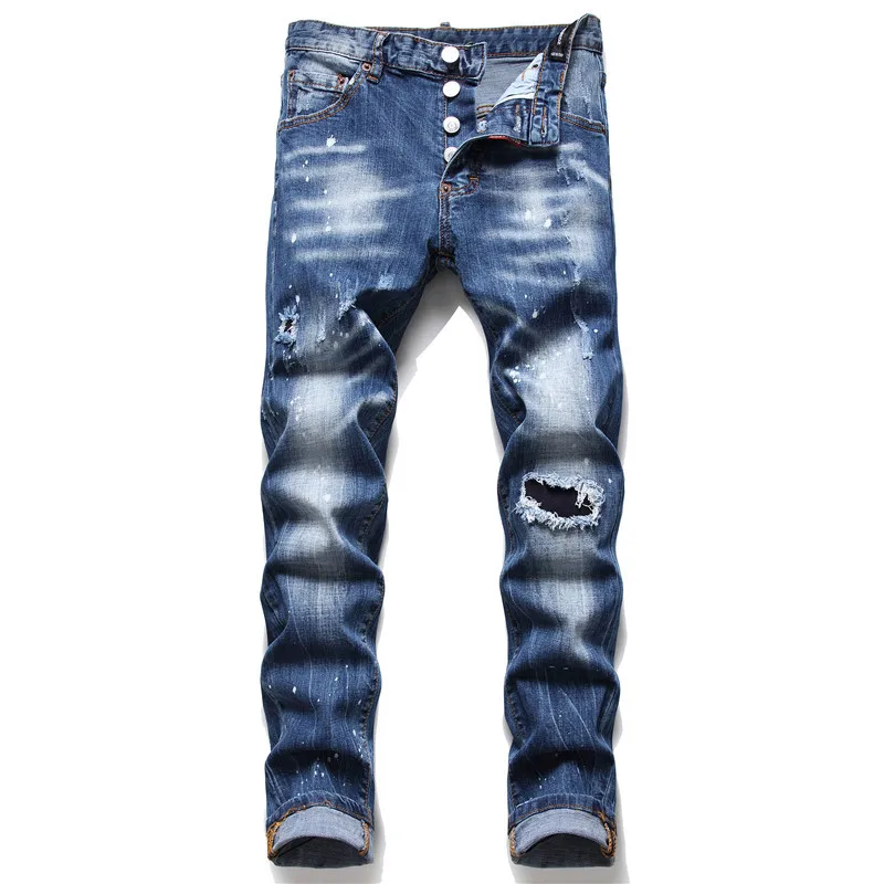

New D2 Blue Hole patch beggars elastic Slim small straight men's jeans