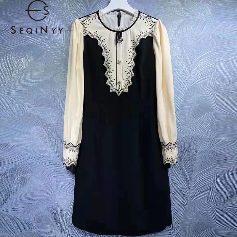 

SEQINYY Mini Dress Summer Spring New Fashion Women Runway Embroidery Lace Office Lace Spliced Slim