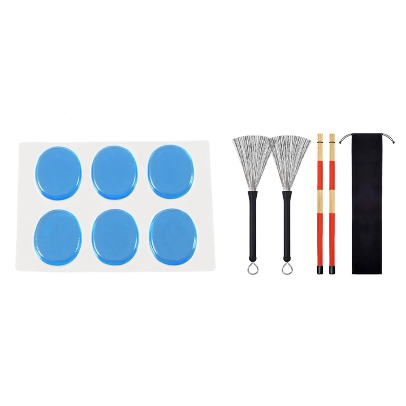 

6x Snare Drum Mute Pad Drum Damper Gel Pads (Blue) & 1Pair Drum Brushes Retractable Wire Brushes Drums Drum Sticks Brush