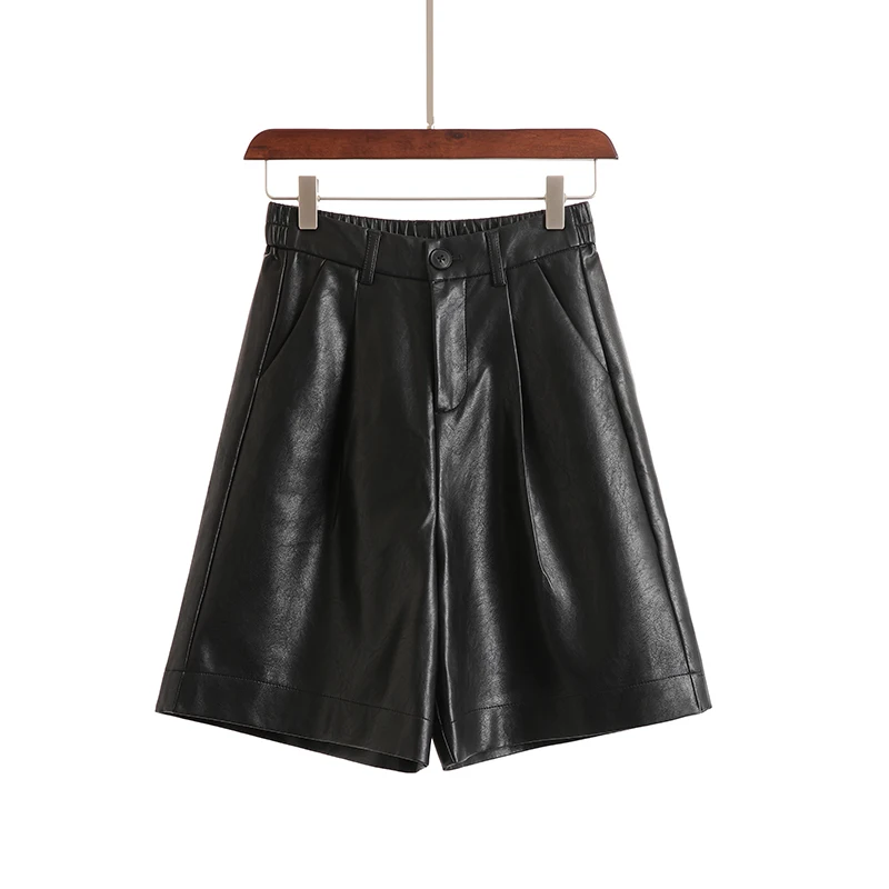 

Women's Autumn Fashion Pu Leather Shorts Elastic Waist Casual Loose Five Points Leather Trouser Straight Shorts Plus Size S-4xl