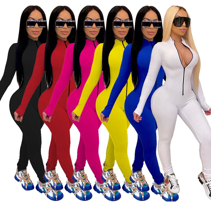 

Women's Tight Sports Street Clothes Elastic Waist Jumpsuit Full Body Solid Color Fashion Knitted Zipper Sexy Slim Fit Jumpsuit