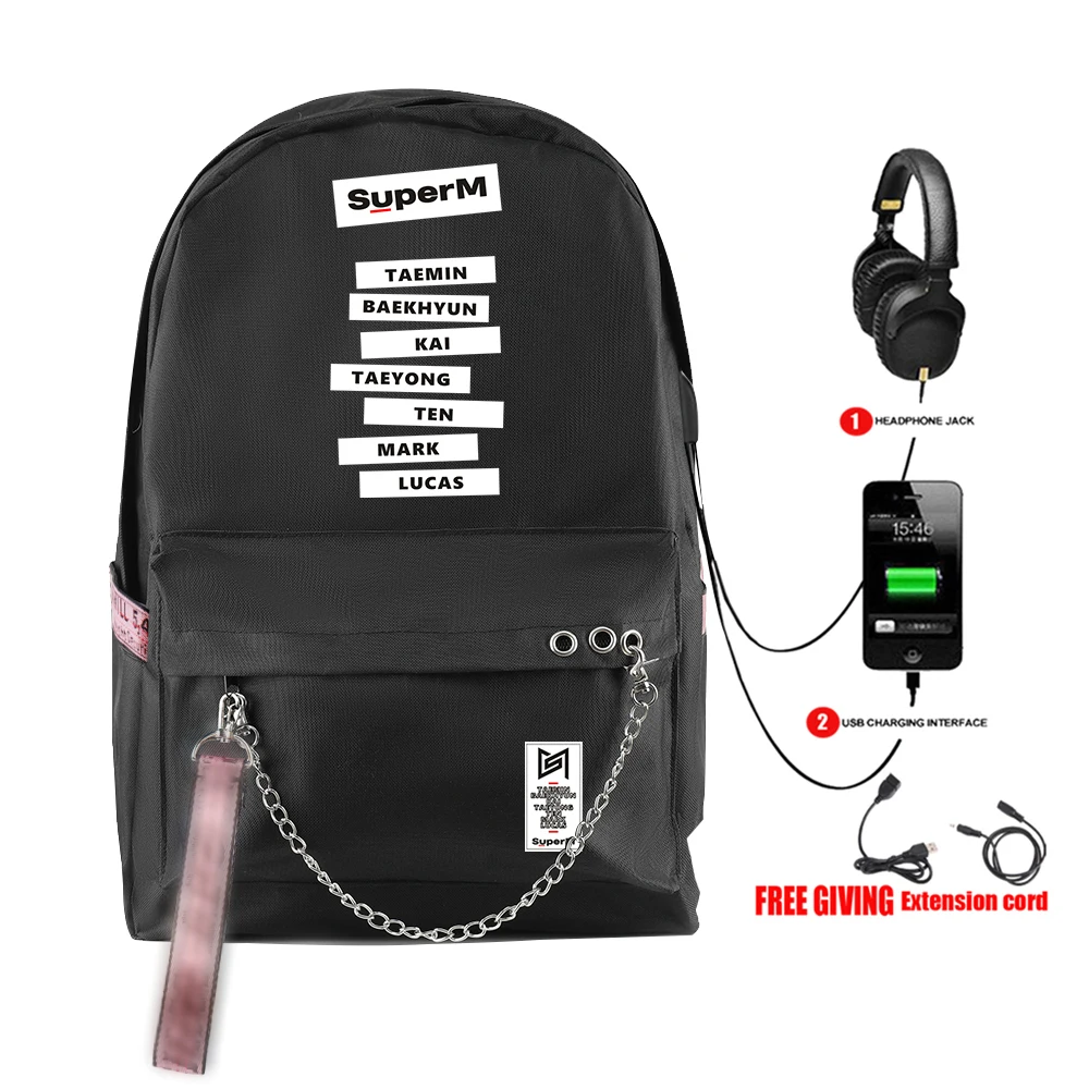 SuperM рюкзак KPOP крутой логотип команды стильный с подвесным орнаментом с USB молнией модный рюкзак для путешествий