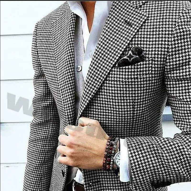 

Handsome Men Houndstooth Dogstooth Blazer Suits Checkered One Button Polyester Formal Prom Tuxedos Custom Suit