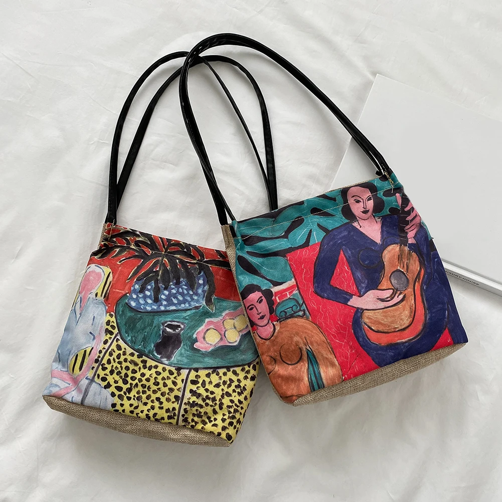 

Canvas Bag Women Oil Painting Printing Shoulder Shopping Bag Vintage Ladies Large Capacity Top-handle Tote Handbags