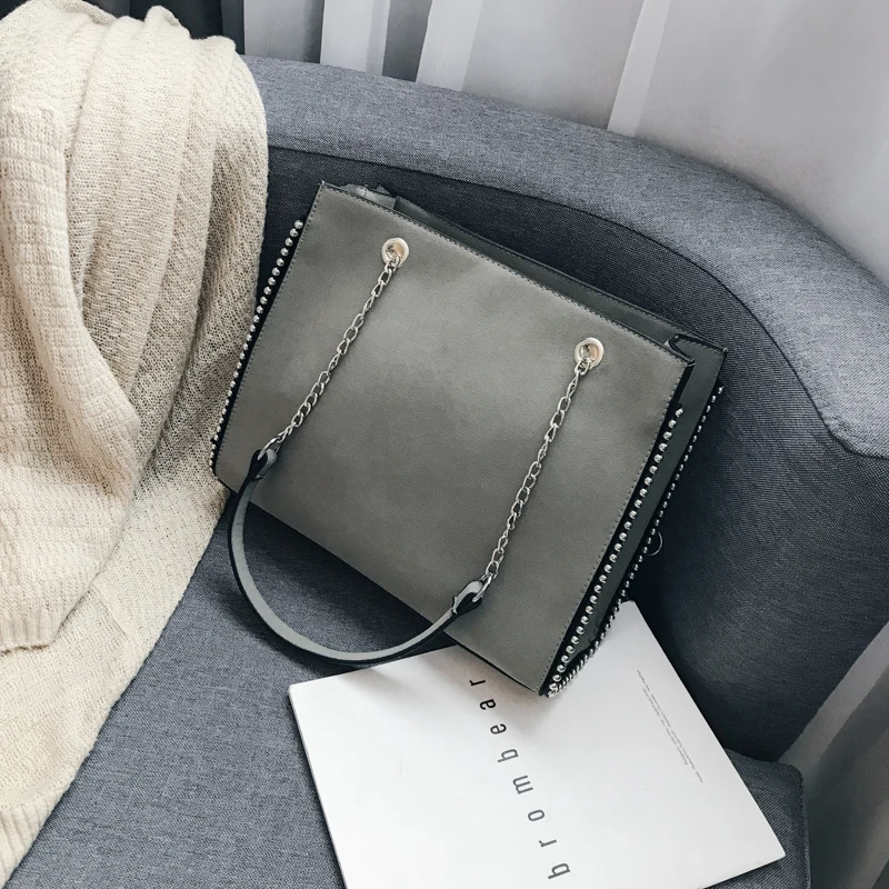 1139 grey large Новое поступление, однотонные женские коричневые Ручные Сумки из искусственной кожи, женские черные сумочки на цепочке, Женские повседневные сумки с большими заклепками, женские сумки-тоут - Цвет: 1139 grey large