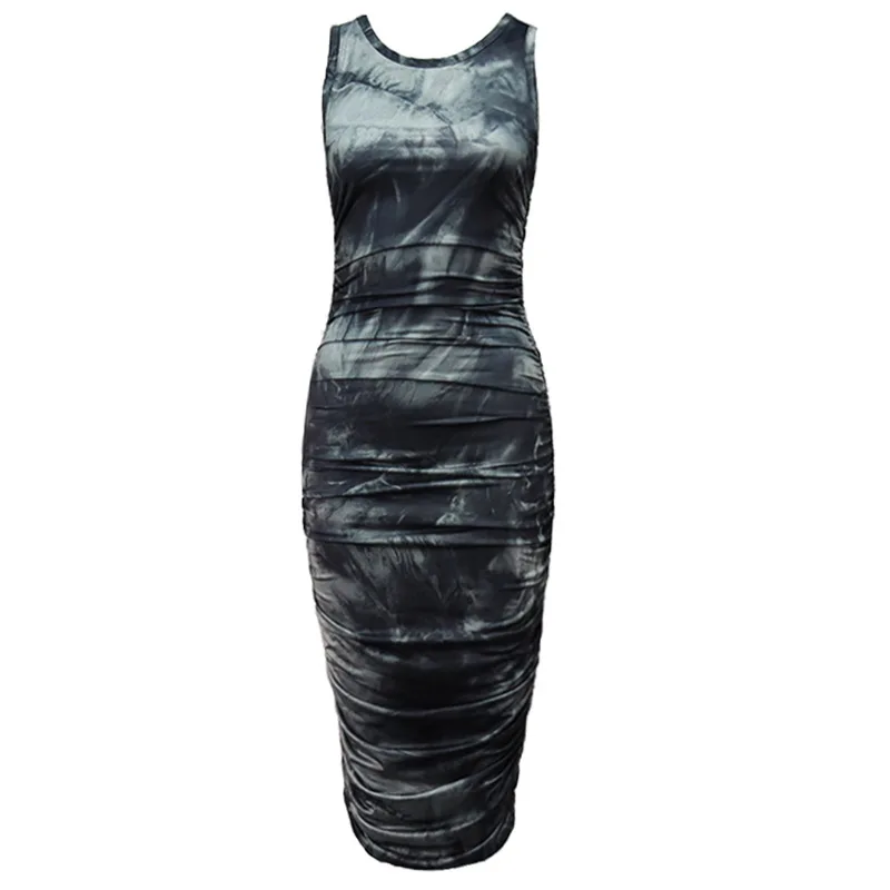 

2021 Spring and Summer New Dress Sexy Printing and Dyeing Round Neck Pleated Hip Skirt Dress Women