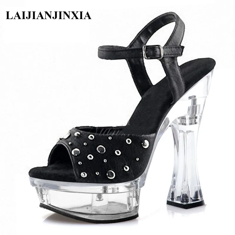 

New Concise Gothic Metal Rivet Crystal Women's Platform Sandals 14 cm High Stripper heeled 6 inches Nightclub Pole Dancing shoes