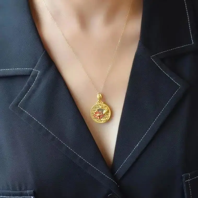 

Natural Hetian white jade enamel porcelain round lotus pendant necklace Chinese style retro pattern charm women's jewelry