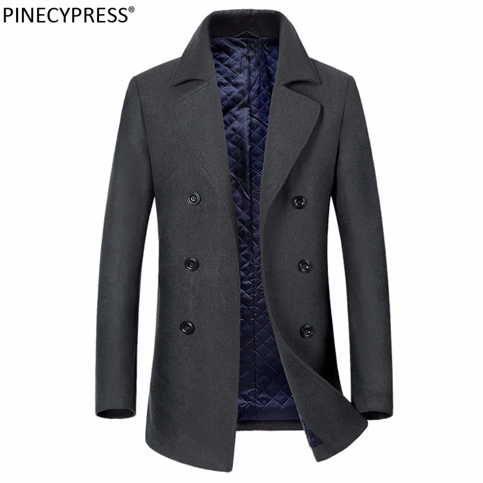 

Man Wool Jacket Long Thick Quality Formal Business Grey Double Breasted Button Male Trench Pockets Overcoat Warm Men Woolen Coat