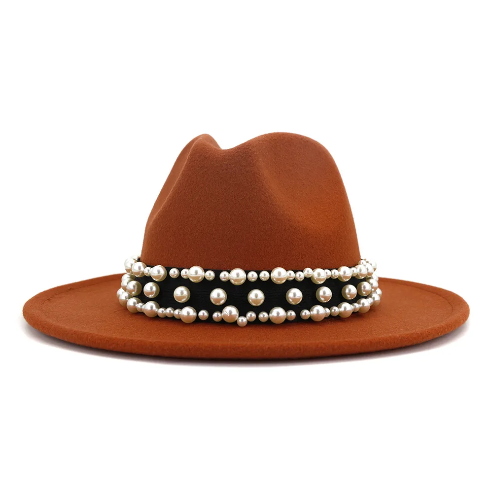 

New arrival Winter Woman Man Wool Fedora Hat with Pearl Ribbon Unisex Wide Brim Fedora Hats Trilby Formal Party Cap 58CM
