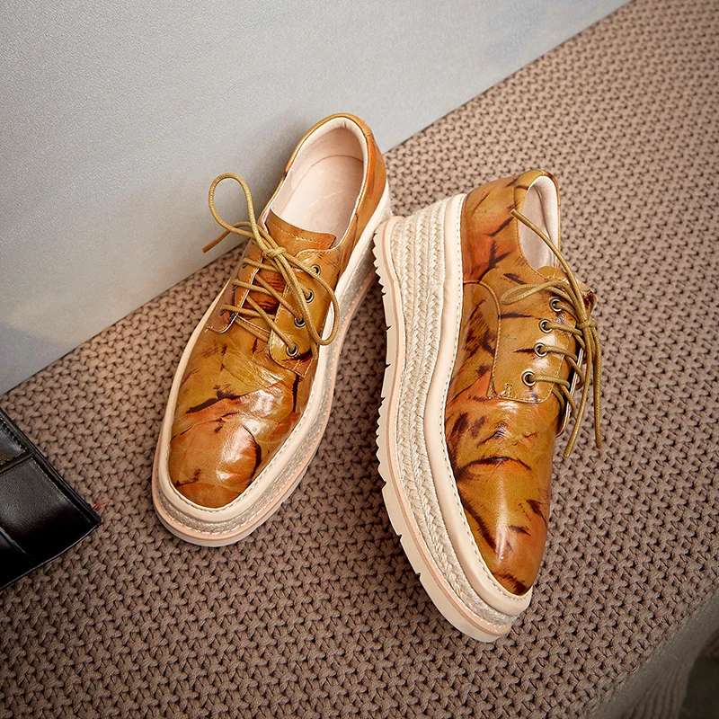 

Steinmeier Women Leisure Cow Leather Straw Wedges Thick Bottom Square Toe High Heel Lace Up Platform Young Lady Women Pumps
