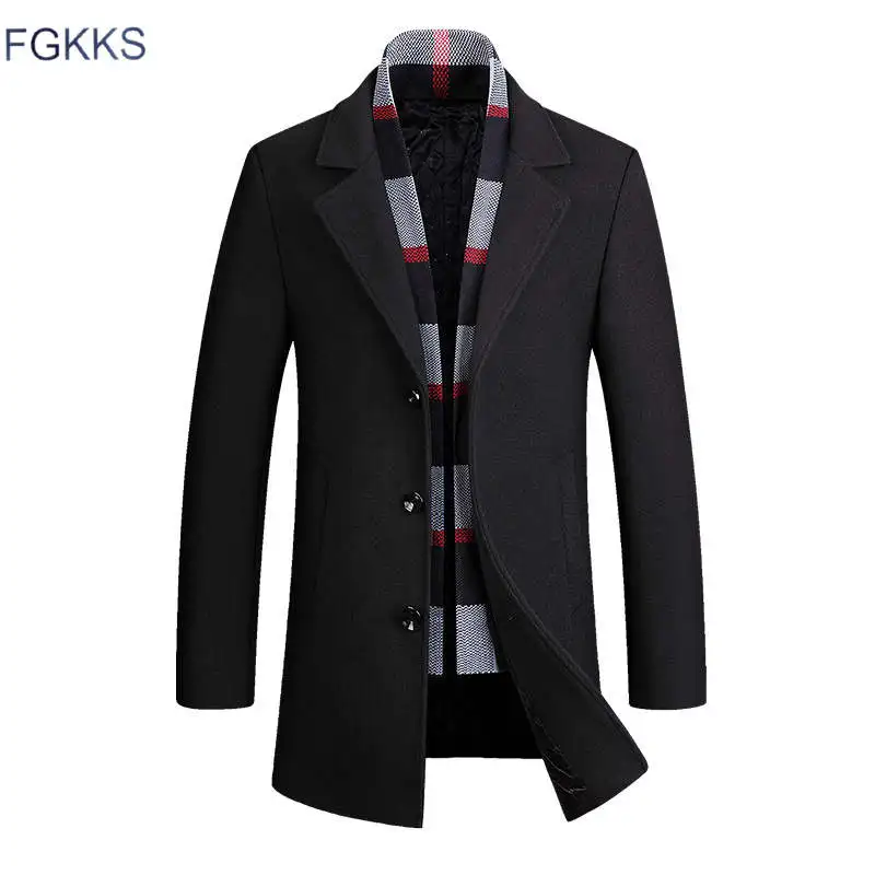 Мужское шерстяное пальто FGKKS плотное однотонное из смеси шерсти приталенный