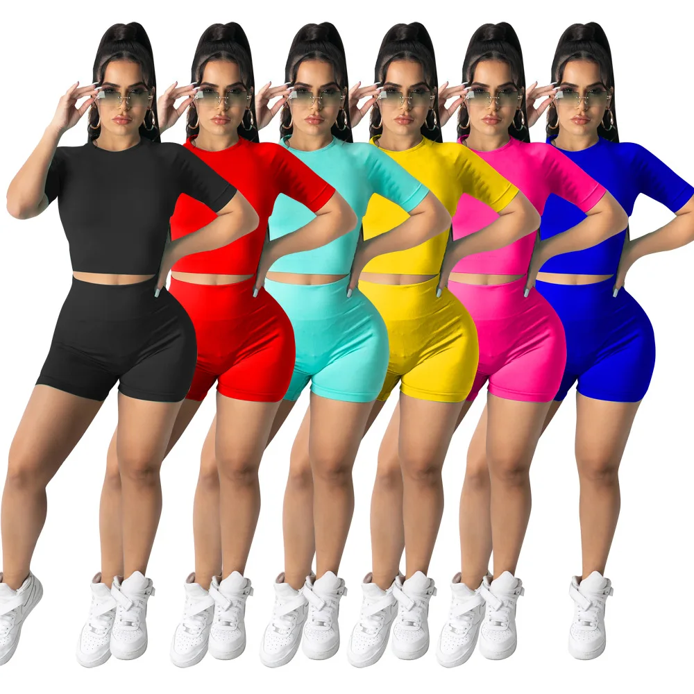 

Adogirl Solid Color Elastic Active Tracksuit Women Short Sleeve T-Shirt and Shorts Two Piece Set Summer Sweat Outfits S-XXL