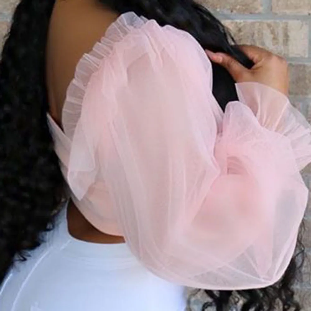 Женская блузка однотонная розовая сетчатая с длинным рукавом Повседневный