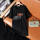 Летняя повседневная 2021 новая модная свободная футболка с короткими рукавами в корейском стиле для женщин, черные индивидуальные рыбки, женские топы с горячими бриллиантами